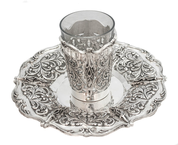 925 STERLING SILVER & GLASS INSERT HANDMADE CHASED FLORAL APPLIQUE CUP & TRAY