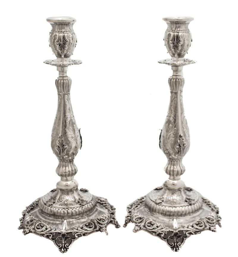 925 STERLING SILVER HANDMADE CHASED ORNATE MILANESE LEAF APPLIQUES CANDLESTICKS
