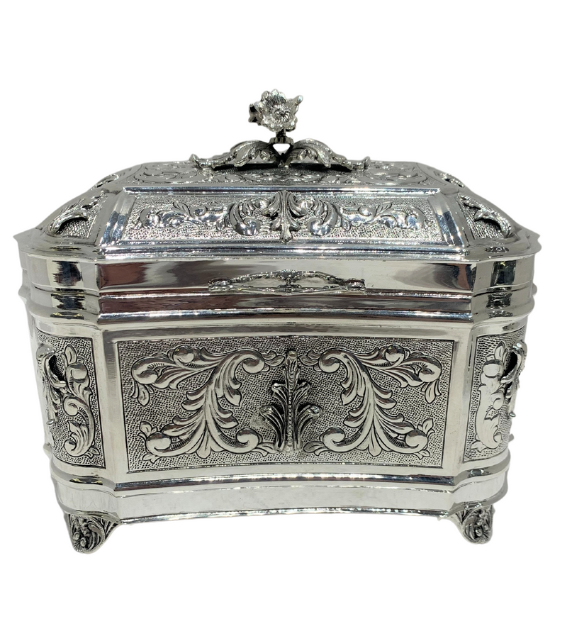 925 STERLING SILVER & GILDED HANDMADE CHASED ORNATE FLORAL ESROG JEWELRY BOX