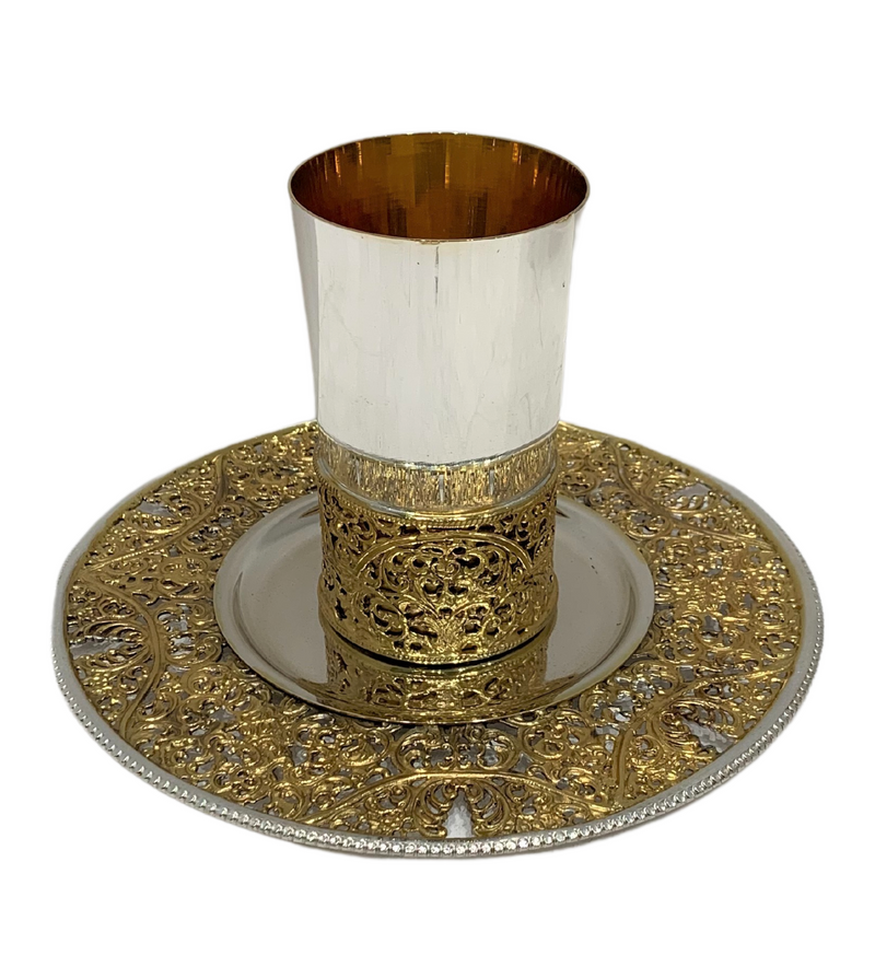 ITALIAN 925 STERLING SILVER & GILDED HANDMADE ELEGANT OPEN FILIGREE CUP & TRAY