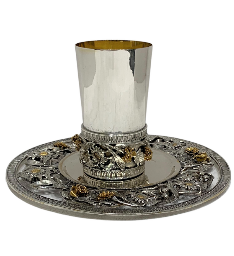 ITALIAN 925 STERLING SILVER & GOLD PLATED HANDMADE FLORAL ORNATE CUP & TRAY
