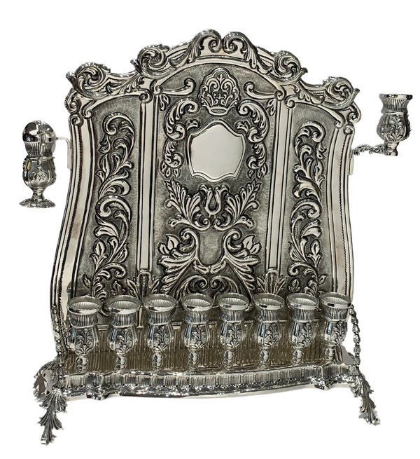 925 STERLING SILVER HANDMADE LEAF APPLIQUE ORNATE MATTE & SHINY BACKWALL MENORAH