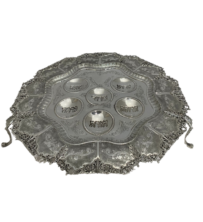 FINE 925 STERLING SILVER HANDMADE LEAF APPLIQUE CHASED SWIRL HEBREW SEDER PLATE
