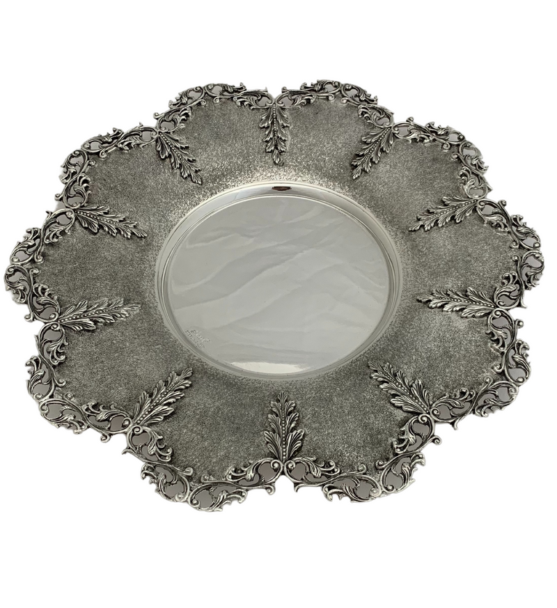 925 STERLING SILVER HANDMADE LEAF APPLIQUE ORNATE OPEN LACE MATTE & SHINY TRAY