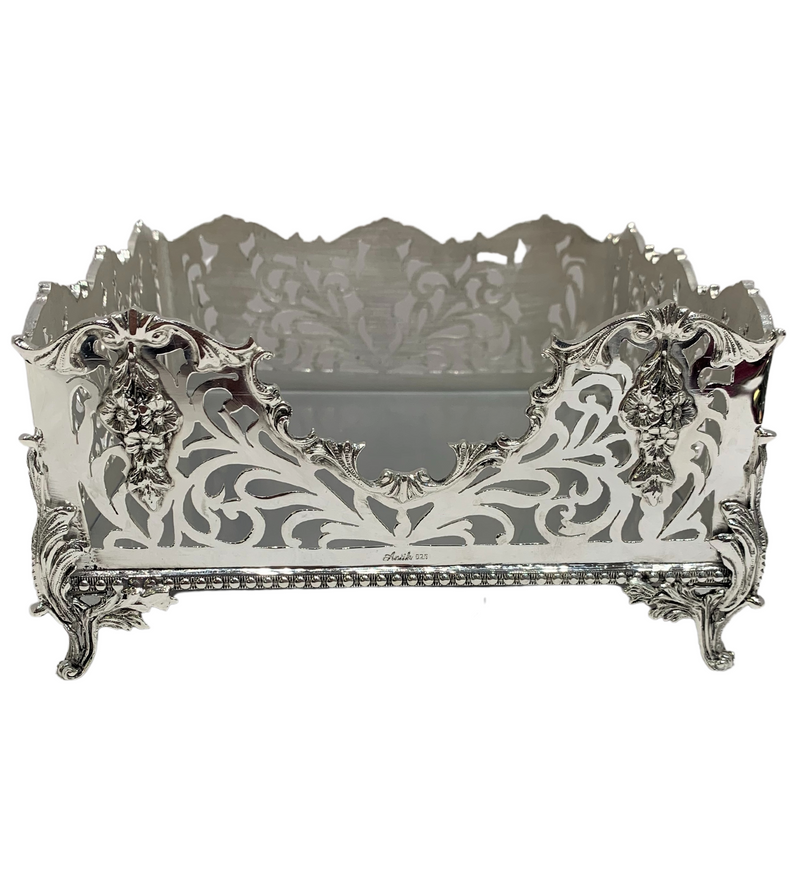 FINE 925 STERLING SILVER HANDMADE OPEN FILIGREE ORNATE FLORAL FLAT NAPKIN HOLDER