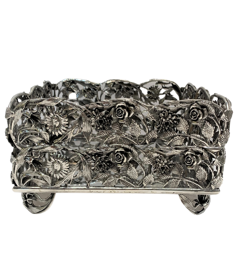 ITALIAN 925 STERLING SILVER HANDMADE FLORAL LEAF OPEN SQUARE FLAT NAPKIN HOLDER