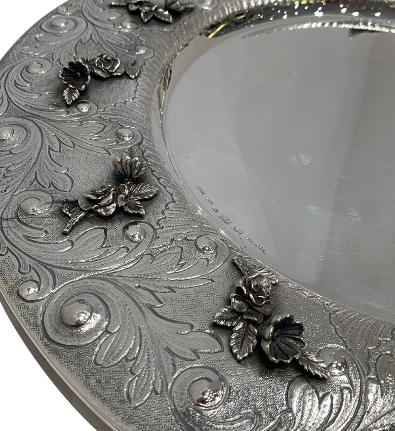 FINE ITALIAN 925 STERLING SILVER HANDMADE HEAVY CHASED SWIRL ORNATE FLORAL TRAY