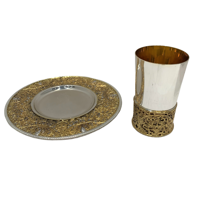 ITALIAN 925 STERLING SILVER & GILDED HANDMADE ELEGANT OPEN FILIGREE CUP & TRAY