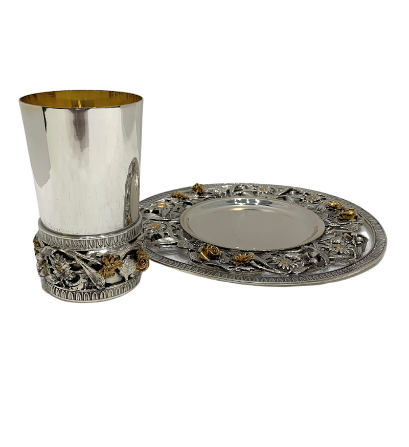 ITALIAN 925 STERLING SILVER & GOLD PLATED HANDMADE FLORAL ORNATE CUP & TRAY