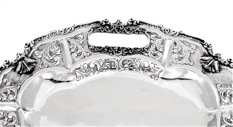 ITALIAN 925 STERLING SILVER HANDMADE CHASED LEAF SWIRL ORNATE RECTANGLE TRAY