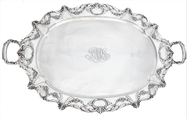FINE ANTIQUE 925 STERLING SILVER HANDMADE SHINY FLORAL ORNATE MONOGRAMMED TRAY