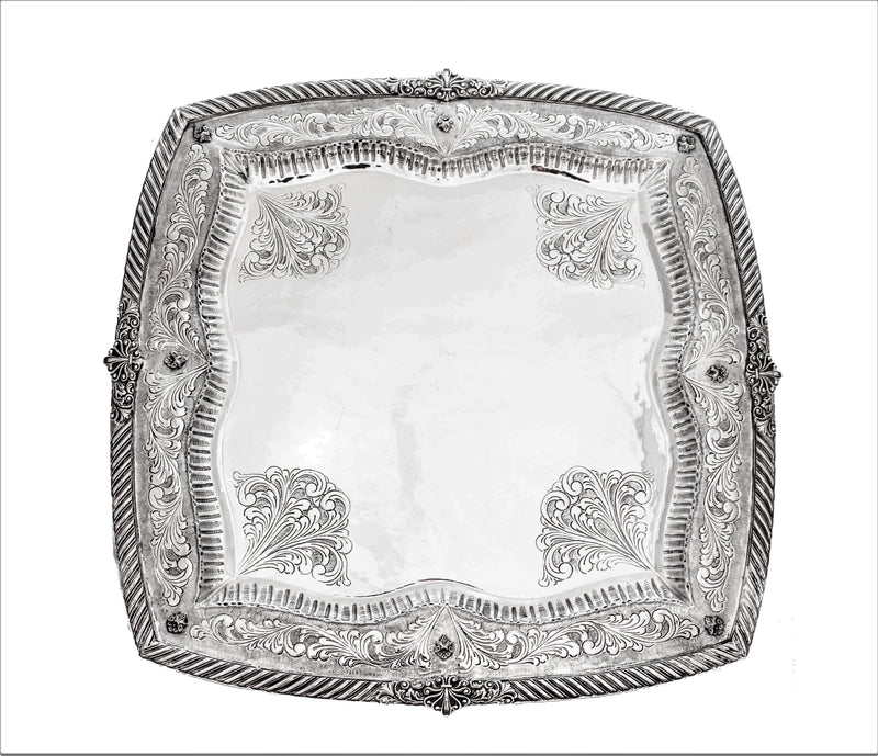 ITALIAN 925 STERLING SILVER HAND CHASED SWIRL ORNATE SQUARE SERVING TRAY