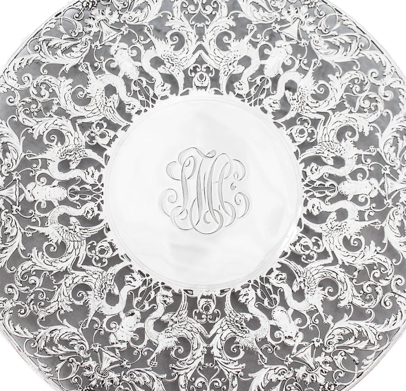 FINE ANTIQUE 925 STERLING SILVER HANDMADE CUT OUT CHASED ORNATE MONOGRAM DISH