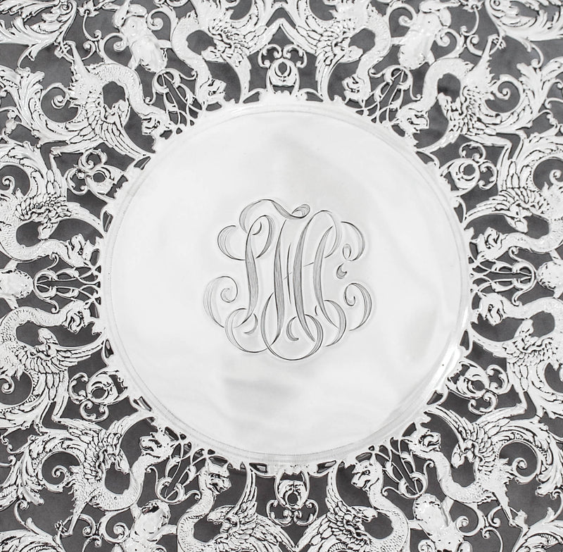 FINE ANTIQUE 925 STERLING SILVER HANDMADE CUT OUT CHASED ORNATE MONOGRAM DISH
