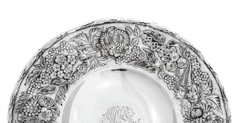 ANTIQUE 925 STERLING SILVER HANDMADE HEAVY FLORAL LEAF CHASED ORNATE ROUND DISH