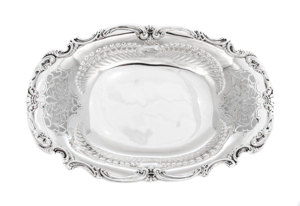 ANTIQUE 925 STERLING SILVER HANDMADE CHASED CUT OUT FLORAL OVAL SERVING DISH