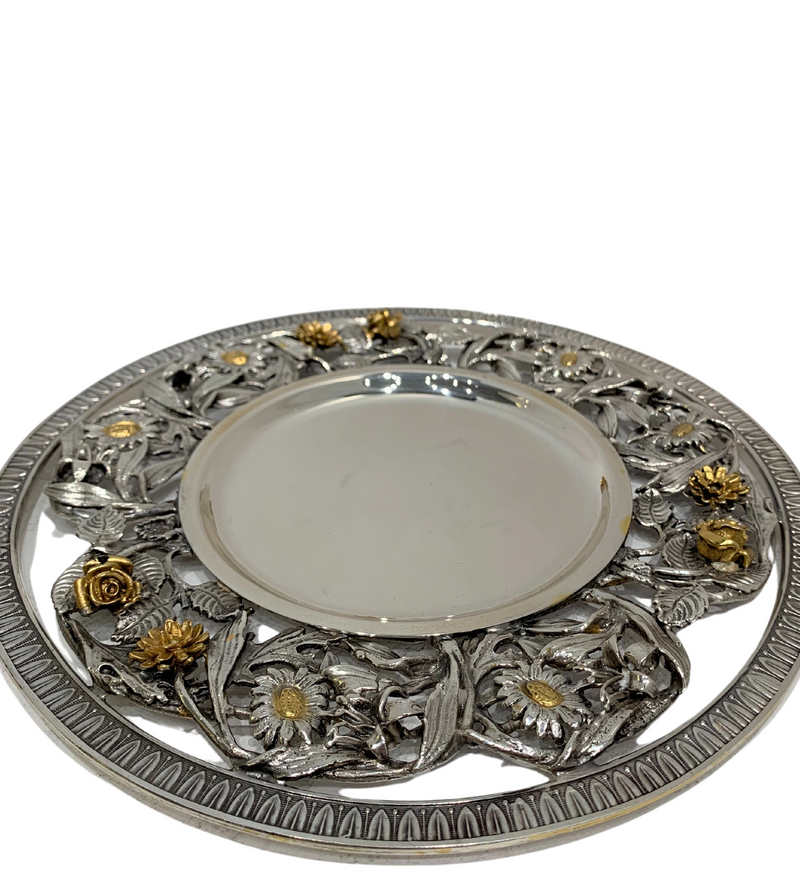ITALIAN 925 STERLING SILVER & GOLD PLATED HANDMADE FLORAL ORNATE CUP & TRAY