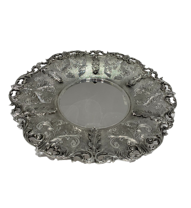 FINE 925 STERLING SILVER HANDMADE CHASED LEAF APPLIQUE MATTE RIZHIN CUP & TRAY