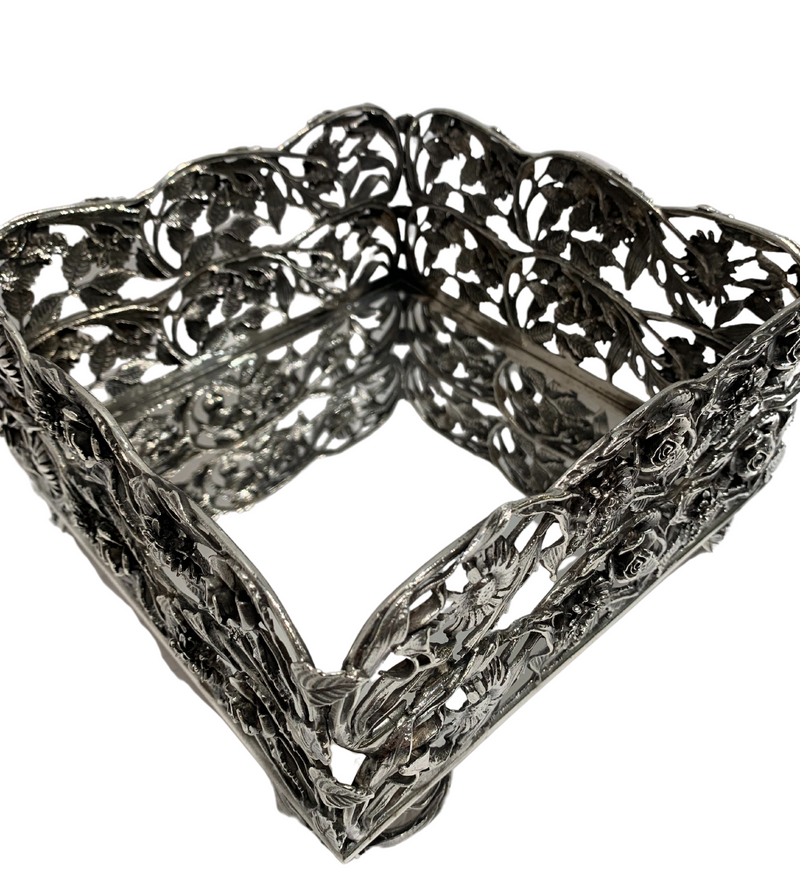 ITALIAN 925 STERLING SILVER HANDMADE FLORAL LEAF OPEN SQUARE FLAT NAPKIN HOLDER