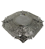 FINE 925 STERLING SILVER HANDMADE ORNATE CHASED LEAF APPLIQUE HONEY DISH & TRAY