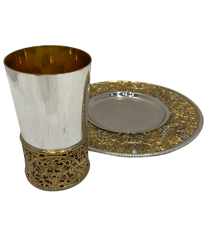 ITALIAN 925 STERLING SILVER & GILDED HANDMADE ELEGANT OPEN FILIGREE CUP & TRAY