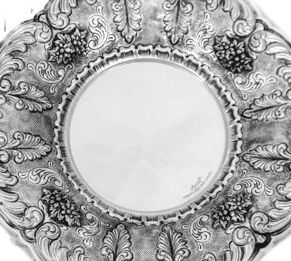 FINE 925 STERLING SILVER HANDMADE FLORAL & LEAF APPLIQUE SWIRL ROUND PLATE TRAY