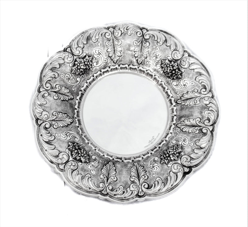 FINE 925 STERLING SILVER HANDMADE FLORAL & LEAF APPLIQUE SWIRL ROUND PLATE TRAY