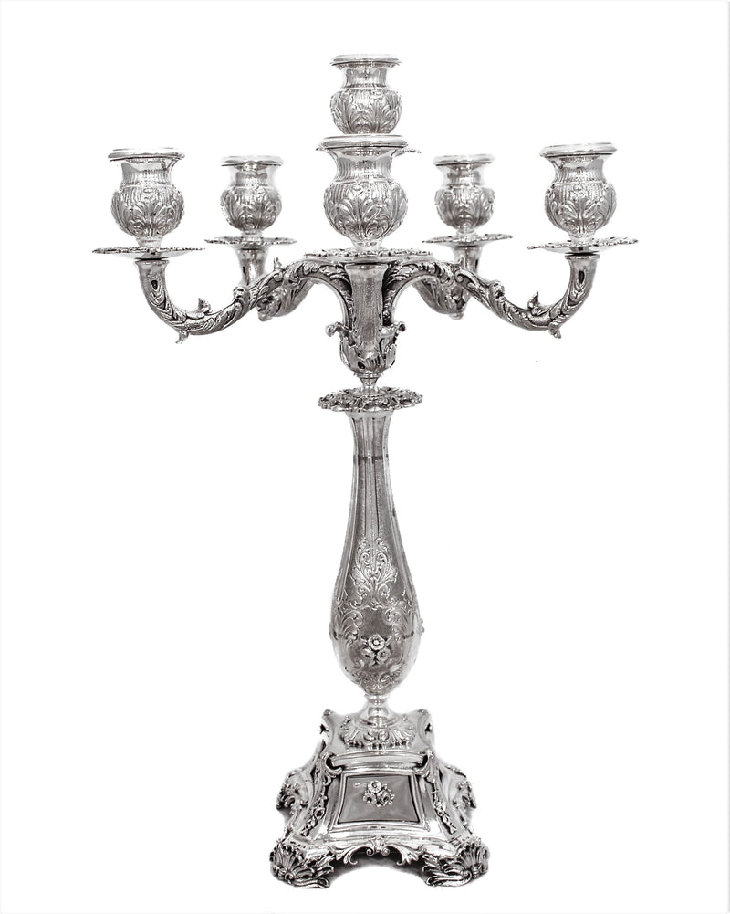 ITALIAN 925 STERLING SILVER HANDCRAFTED ORNATE SQUARE BASE SIX LIGHT CANDELABRA