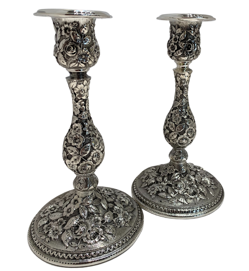 ANTIQUE STERLING SILVER HANDMADE INTRICATE FLORAL OLD REPOSSE CANDLESTICKS