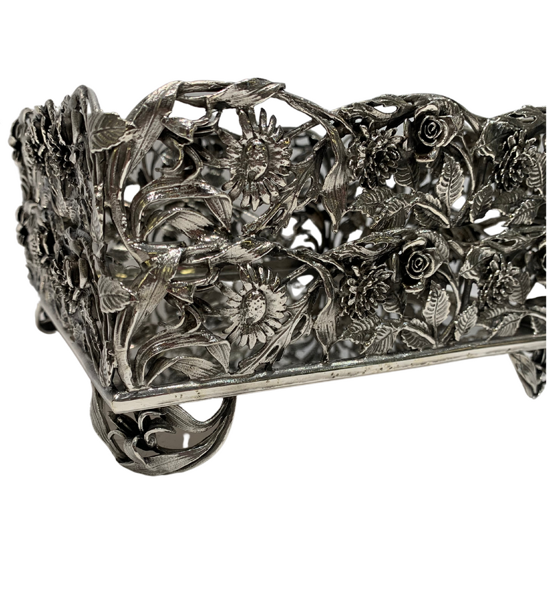 ITALIAN 925 STERLING SILVER HANDMADE FLORAL LEAF OPEN SQUARE FLAT NAPKIN HOLDER