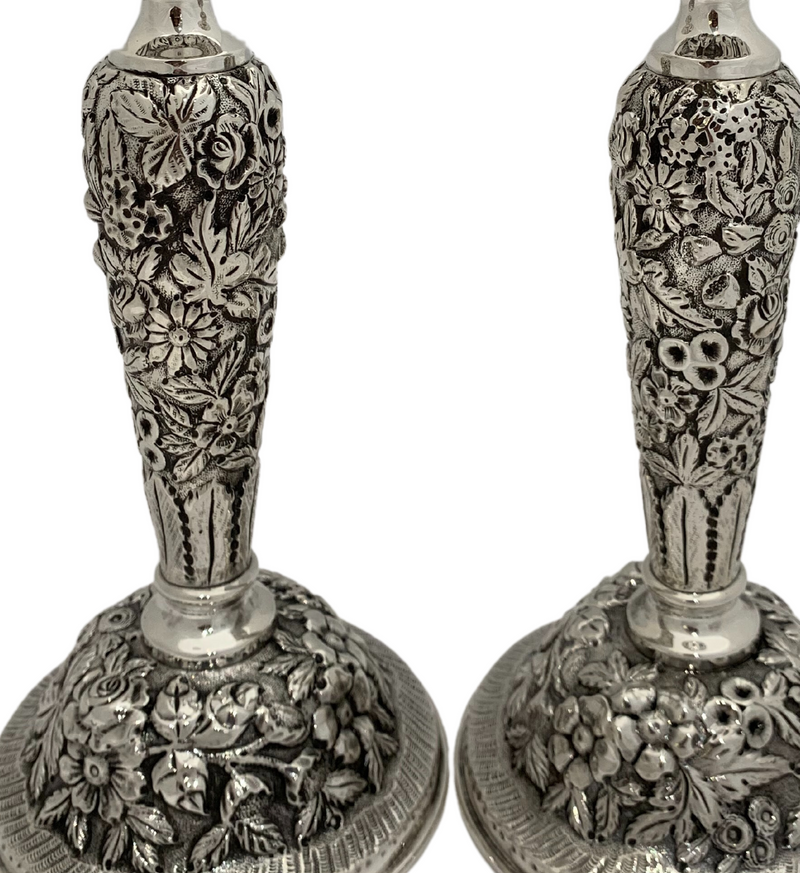 ANTIQUE 925 STERLING SILVER HANDMADE INTRICATE FLORAL OLD REPOSSE CANDLESTICKS