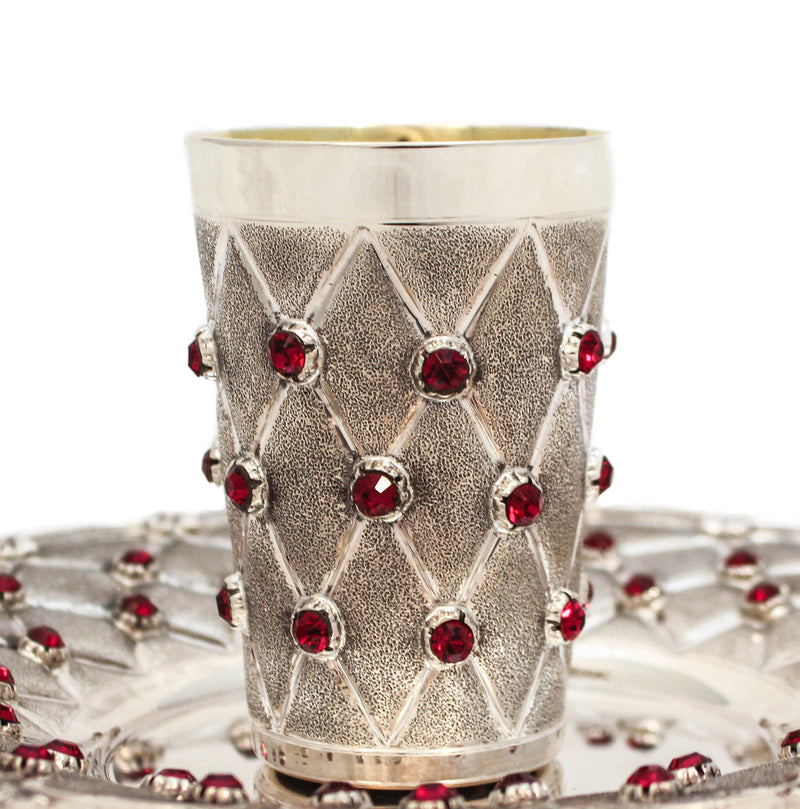 FINE 925 STERLING SILVER & RED STONES HANDMADE CHASED MATTE & SHINY CUP & TRAY