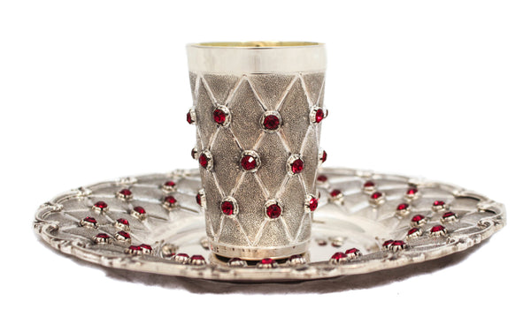 FINE 925 STERLING SILVER & RED STONES HANDMADE CHASED MATTE & SHINY CUP & TRAY