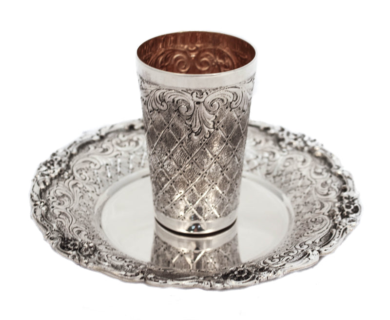 FINE ITALIAN 925 STERLING SILVER HANDMADE CHASED LEAF MATTE & SHINY CUP & TRAY