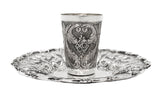 ITALIAN 925 STERLING SILVER HANDMADE CHASED FLORAL LEAF APPLIQUE CUP & TRAY