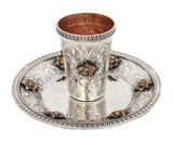 ITALIAN 925 STERLING SILVER & GILDED HANDMADE FLORAL APPLIQUE ORNATE CUP & TRAY