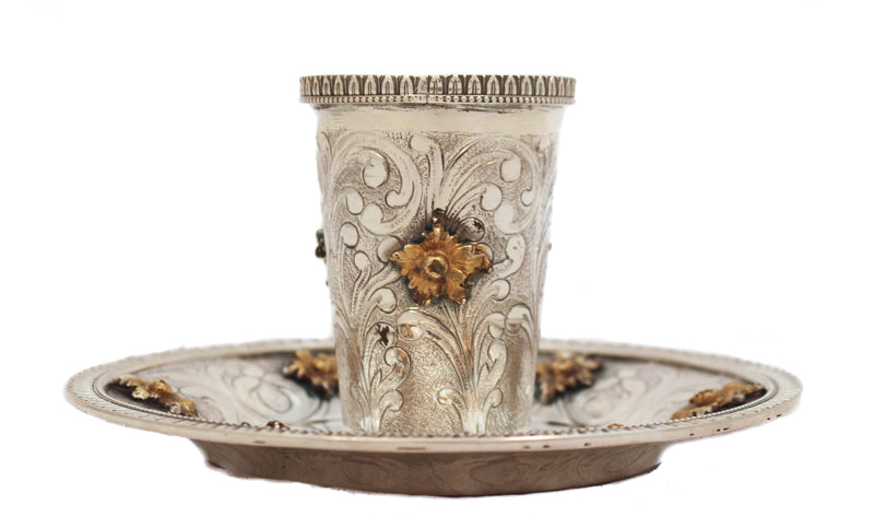 ITALIAN 925 STERLING SILVER & GILDED HANDMADE FLORAL APPLIQUE ORNATE CUP & TRAY