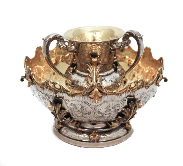 ITALIAN 925 STERLING SILVER GILDED CHASED GARALND DESIGN WASH CUP & BOWL
