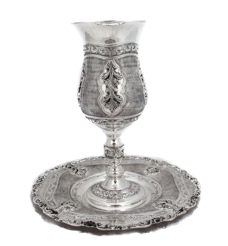 LARGE 925 STERLING SILVER HANDCRAFTED CHASED LEAF EMBOSSED PASSOVER CUP & TRAY