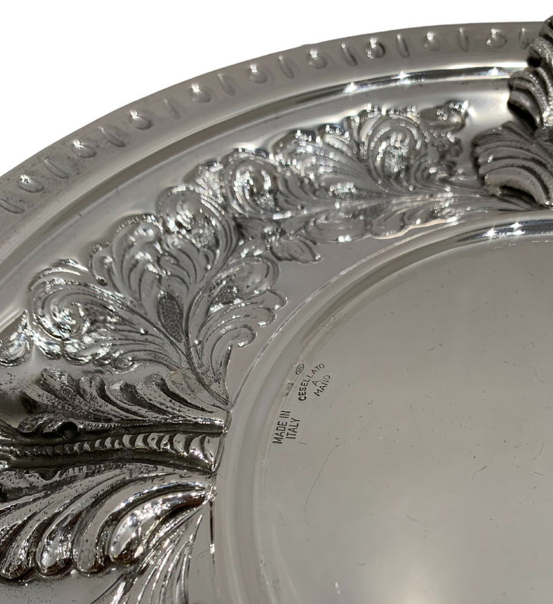 ITALY 925 STERLING SILVER HANDMADE LEAF APPLIQUE CHASED ORNATE ELIYAHU CUP TRAY