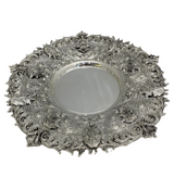 FINE 925 STERLING SILVER HANDMADE CHASED LEAF APPLIQUE MATTE & SHINY ROUND TRAY