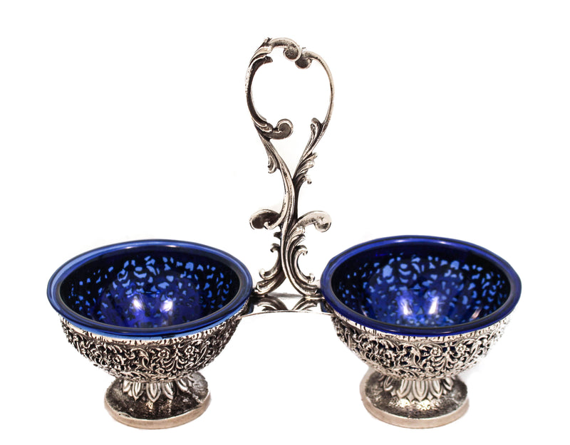 ITALIAN 925 STERLING SILVER & CRYSTAL HANDCRAFTED LACE DOUBLE SALT HOLDER