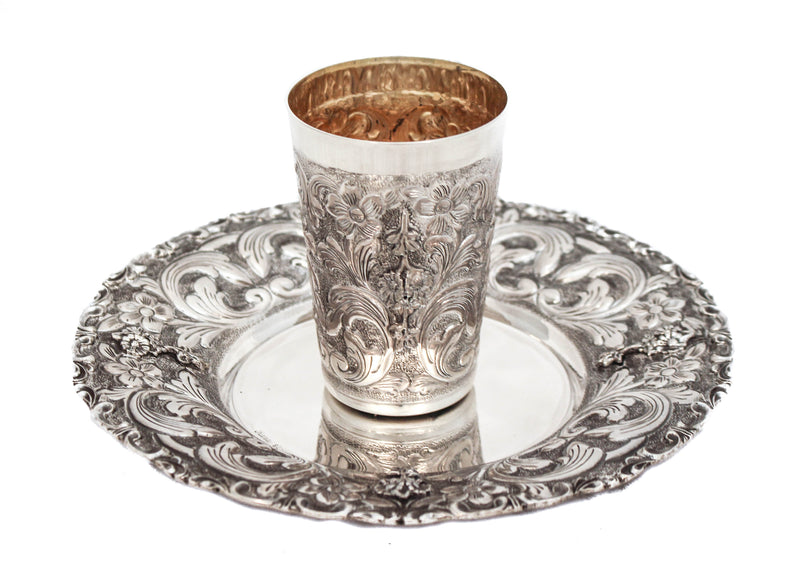 FINE 925 STERLING SILVER HANDMADE FLORAL MATTE SWIRL ORNATE CUP & TRAY