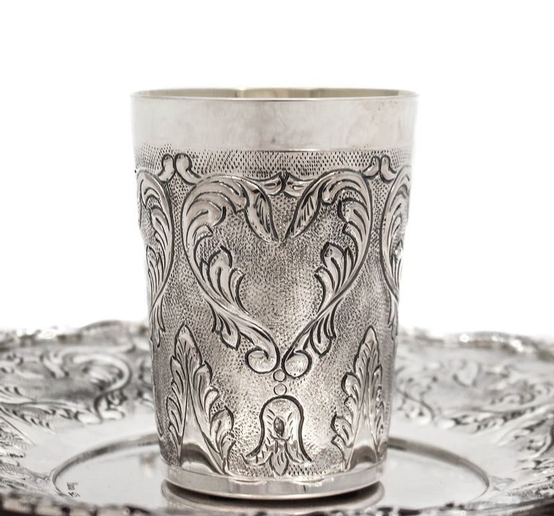 925 STERLING SILVER HANDMADE CHASED GARLAND HEART DESIGN CUP & TRAY