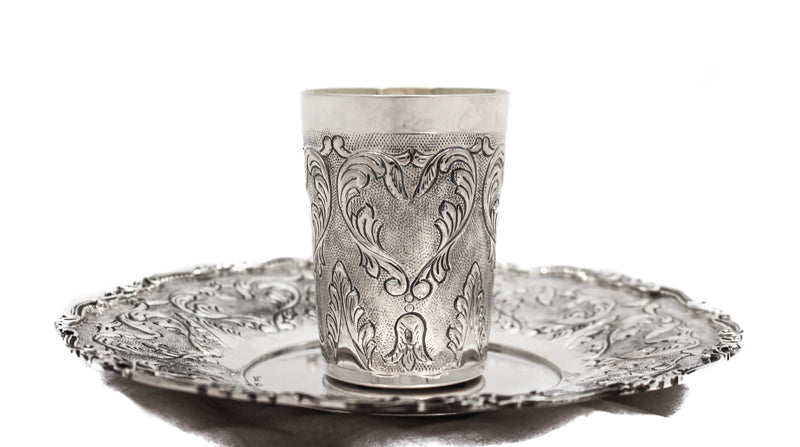 925 STERLING SILVER HANDMADE CHASED GARLAND HEART DESIGN CUP & TRAY