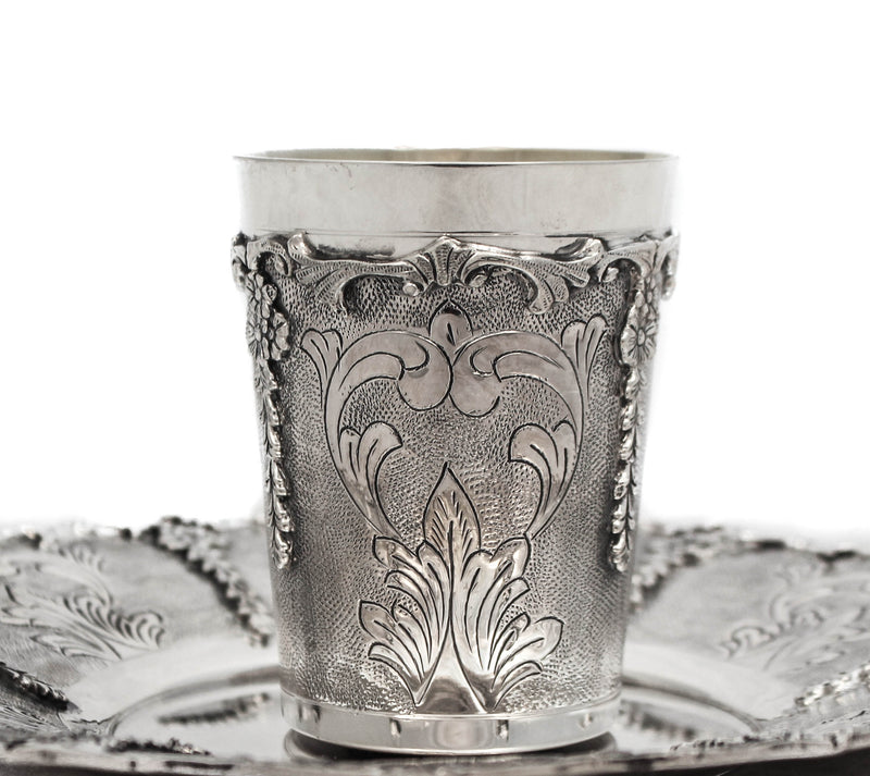 FINE 925 STERLING SILVER HANDMADE CHASED FLORAL LEAF SWIRL CUP & TRAY