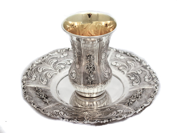 FINE 925 STERLING SILVER HANDMADE FLORAL APPLIQUE VASE SHAPE CUP & TRAY