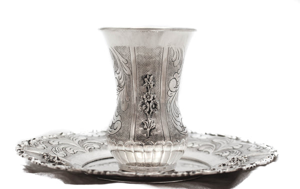 FINE 925 STERLING SILVER HANDMADE FLORAL APPLIQUE VASE SHAPE CUP & TRAY