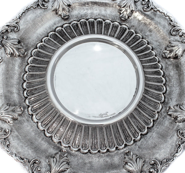 925 STERLING SILVER HAND CHASED LEAF LEG APPLIQUES FLUTED ROUND PLATE TRAY