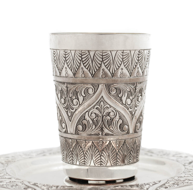 ITALIAN 925 STERLING SILVER FEATHER LEAF SWIRL MILGRAIN CHASED CUP & TRAY